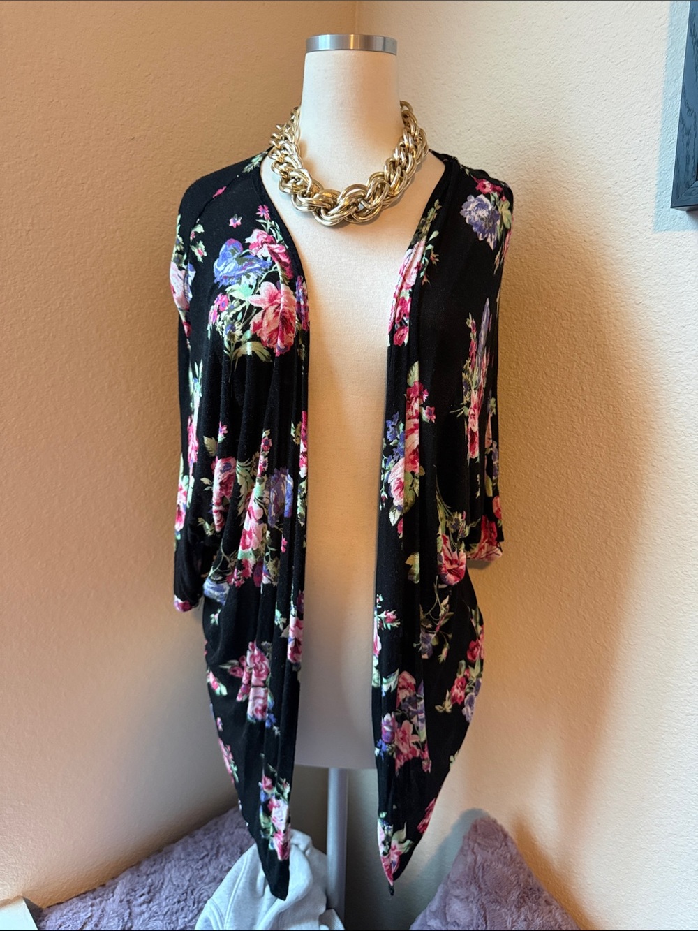 Charlotte Russe Black Floral Open Cardigan with Pink & Purple Flowers